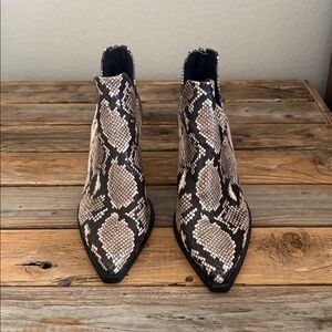 Vince Camuto Snake Print Ankle Booties in Black and Cream